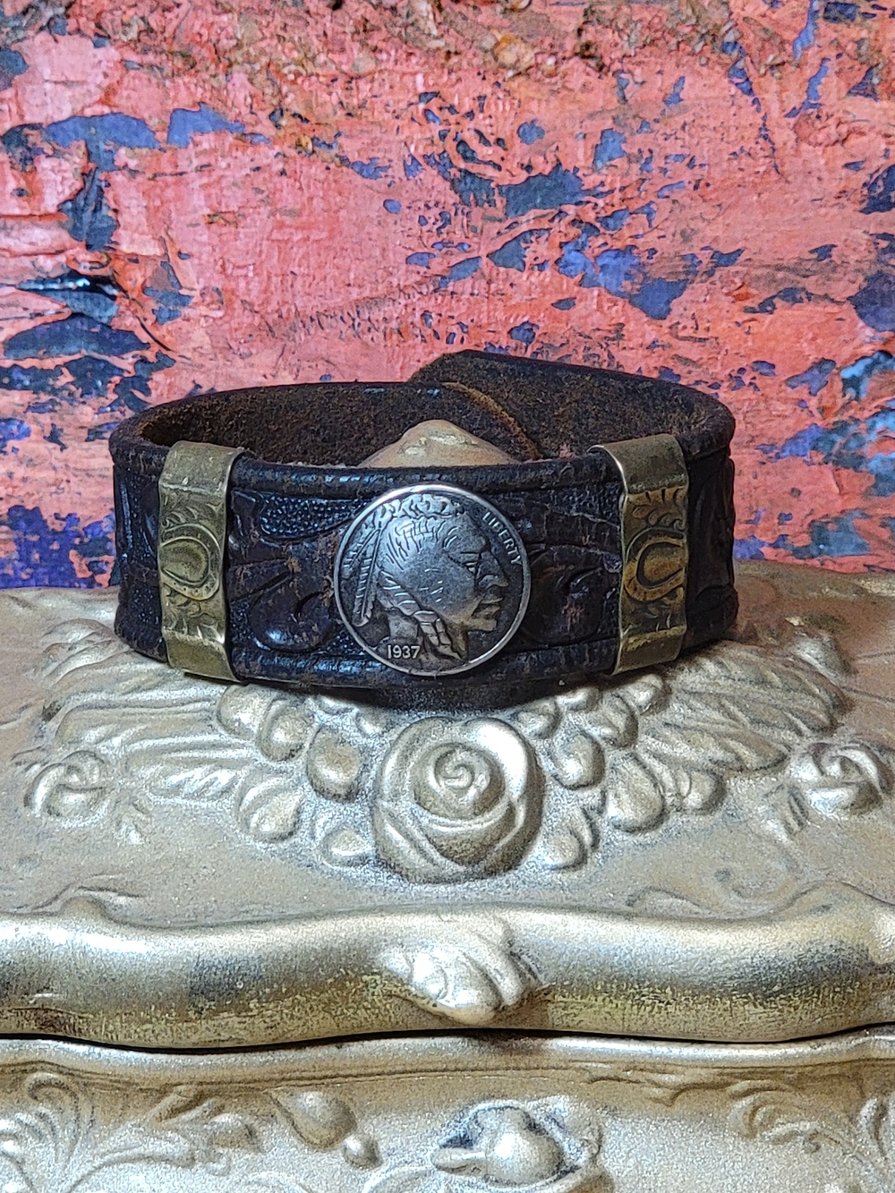 Vintage Tooled Leather Cuff Bracelet with Indian Head Coin Artisian